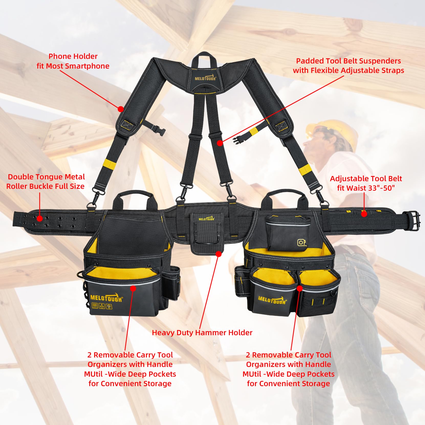 MELOTOUGH Ceinture à outils de charpentier avec bretelles, ceinture à outils professionnelle avec pochette à outils, bretelles avec 32 poches et boucles, convient pour tour de taille de 83,8 à 119,4