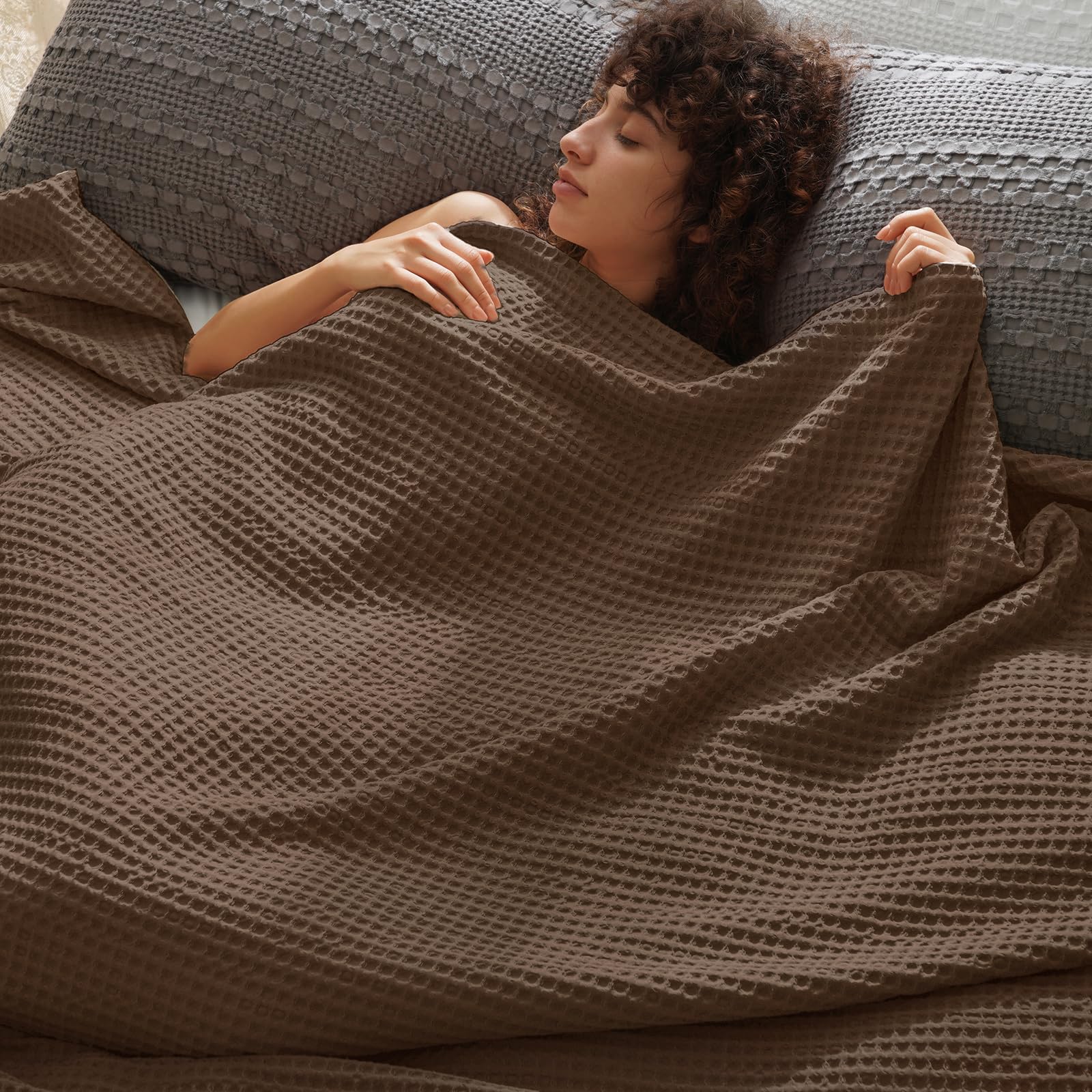 phf ultra soft waffle weave blanket queen size 90"x 90"- washed lightweight breathable cozy woven blanket for bed - aesthetic decor for couch bedding sofa home car - chocolate