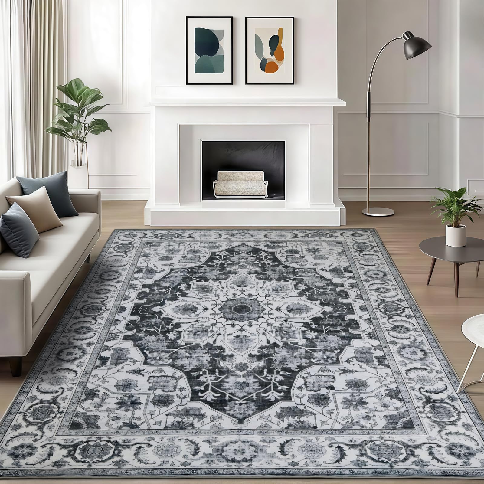 willsun washable area rugs, 9 x 12 non-slip boho large area rugs for living room, bedroom, machine washable vintage rug, indoor floral print carpet for home decor, kid & pet friendly mat