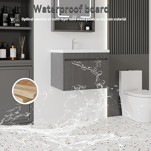 Miniatura 299 de Tocador de baño de 20 pulgadas con lavabo de cerámica, tocador de baño pequeño montado en la pared con puerta de cierre suave, gabinete flotante