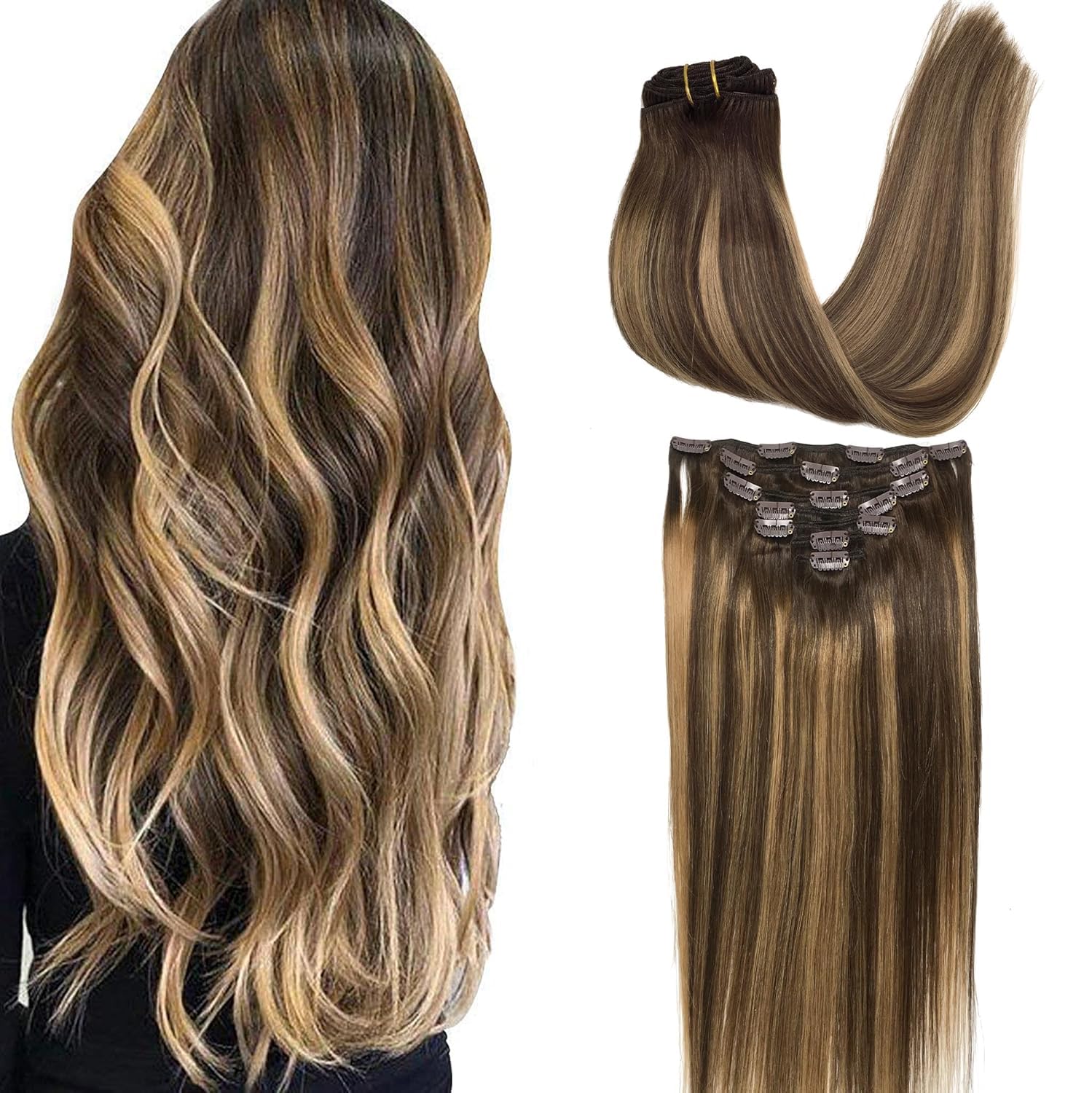 GOO GOO Clip in Hair Extensions Real Human Hair, 24inch 120g 7Pcs, #4/27/4 Balayage Chocolate Brown to Caramel Blonde, Remy Human Hair Extensions Clip ins for Women, Natural Human Hair
