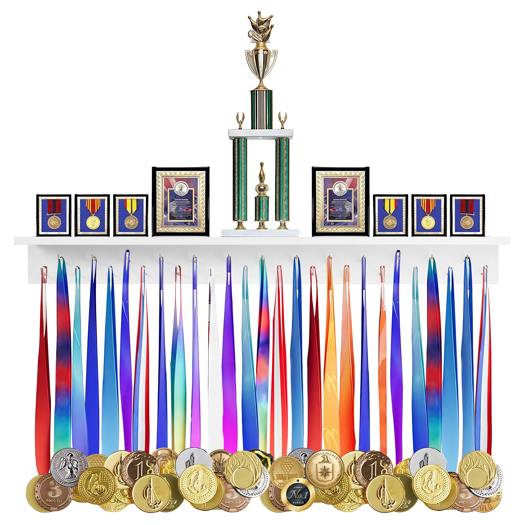 Defined Deco 3ft-Medal Awards Rack Ultimate Medal Hanger Display and Trophy Shelf,36" Wooden Trophy and Medal Display Shelf,for Medal Display,Plaques,Pictures,Trophies and More(White)