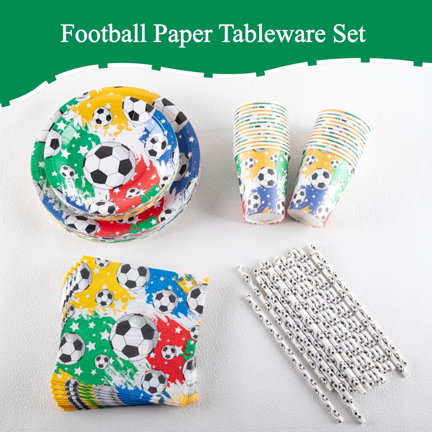 Zestaw talerzy i serwetek dla 25 gości, zawiera papierowe talerze (18 i 23 cm), kubki, serwetki, słomki, idealny na mistrzostwa świata, urodziny, imprezę sportową