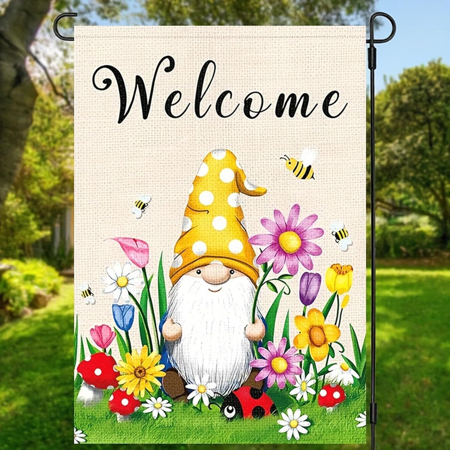 Spring Welcome Gnome Garden Flag 12 x 18 inch Double Sided Outside decorations,Flower Butterfly Small Garden Flags For Outdoor Yard Lawn - Image 2