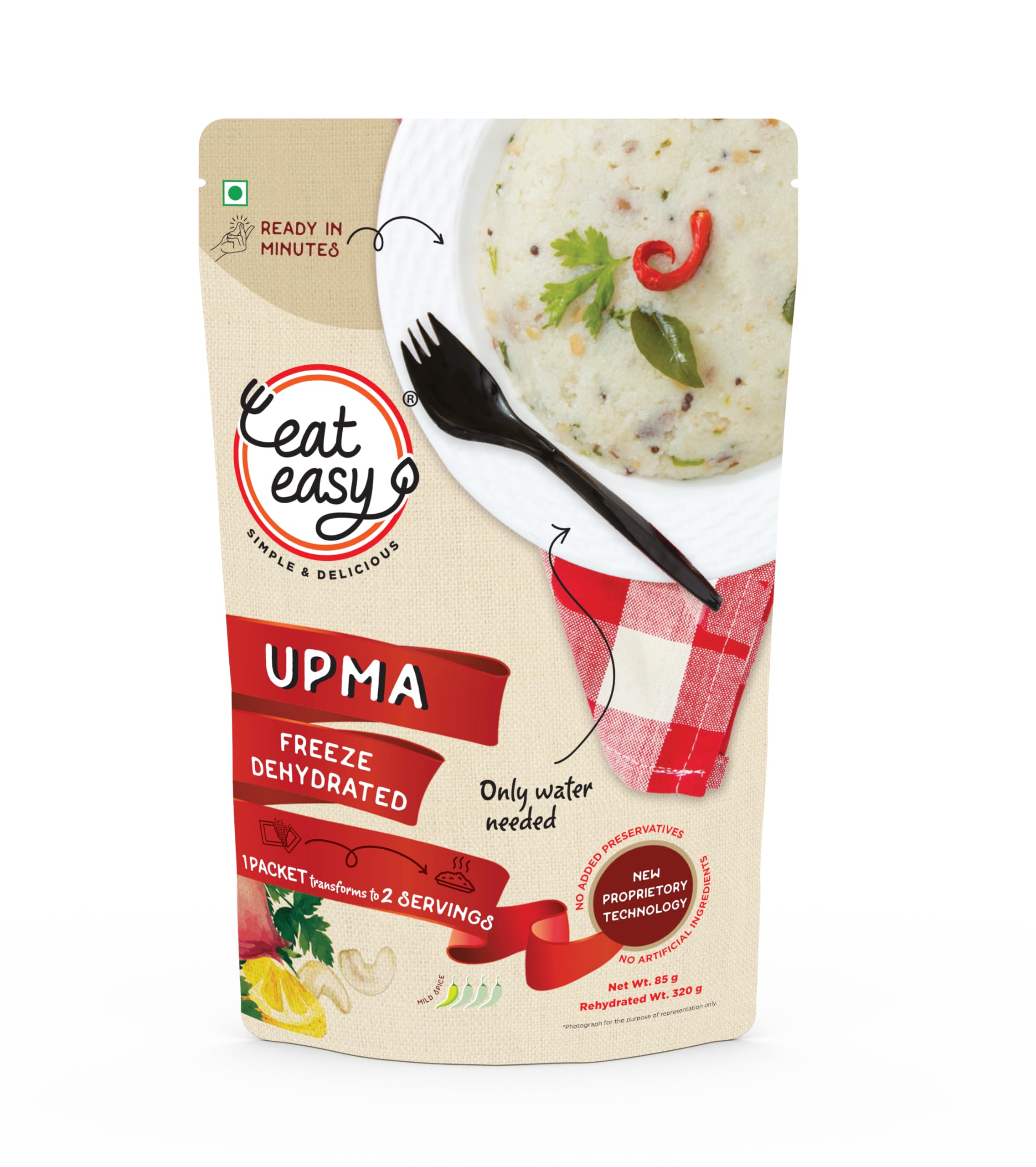 Eat Easy Ready To Eat Upma- 85gm | Just Add Water and Cook | Freeze Dehydrated Instant Healthy & Delicious Upma for Travel, Hostel, Trekking, Camping, Hiking | Supports Digestion, Rich in Nutrients I No Preservatives