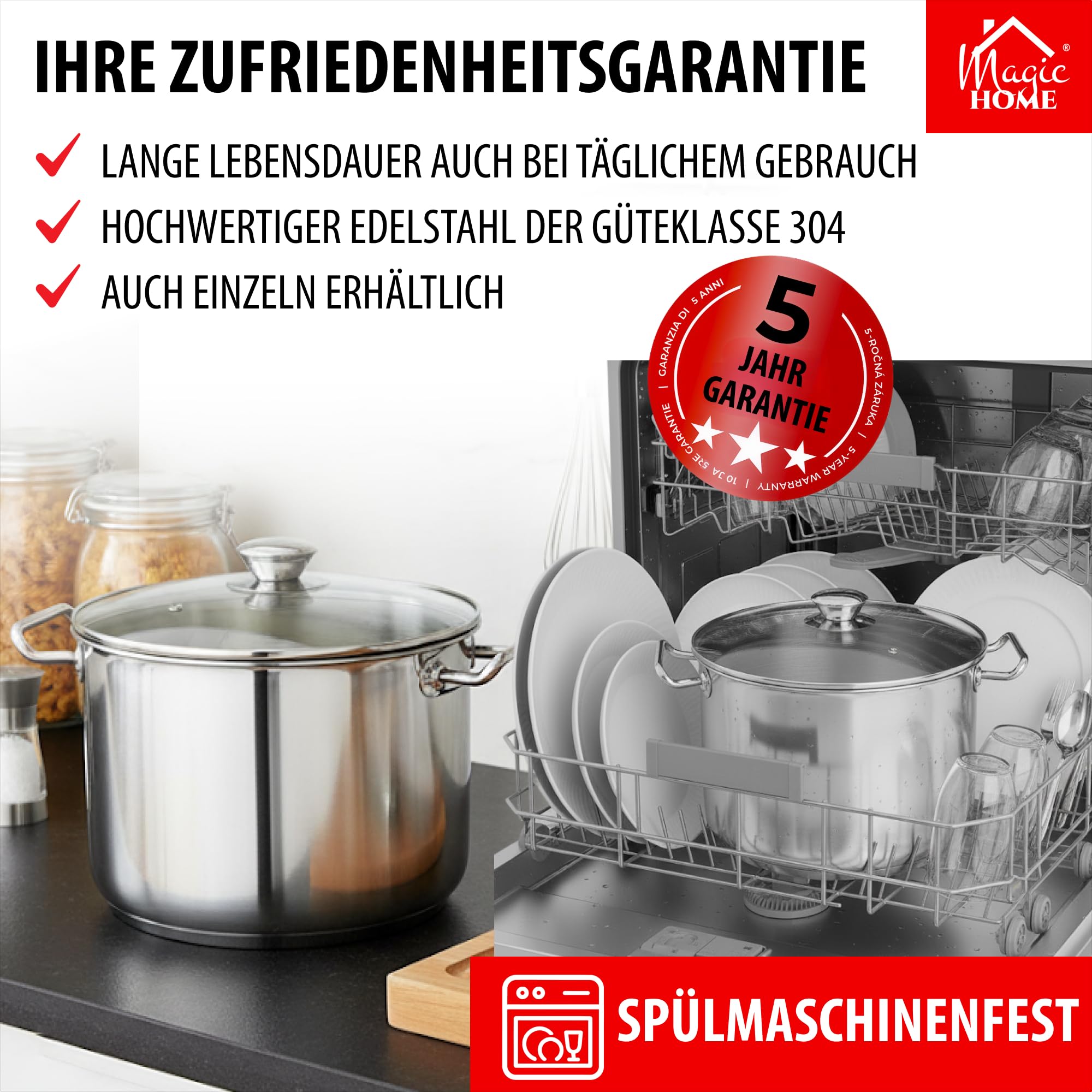 MAGIC HOME Edelstahl Kochtopf 30 cm 15 L mit Glasdeckel | INDUKTION | Großer Topf, Suppentopf, Deckel | 30cm | Hochwertiger Bratentopf | Alle Herdarten | Induktionstopf | Eintopf Gulasch | Tief |Chloe