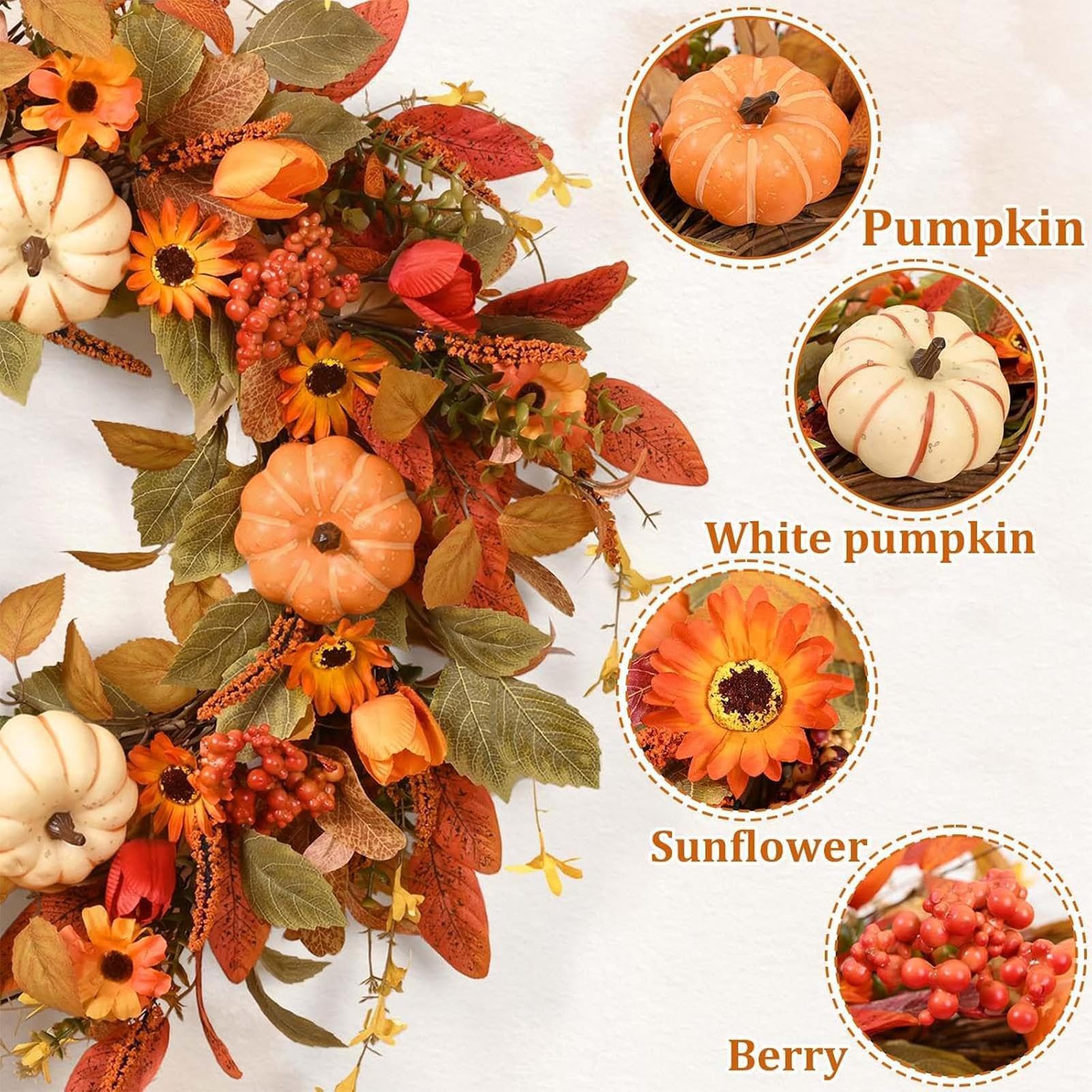 Fall Wreaths for Front Door - 45 cm Pumpkin Harvest Decor, Outdoor Hanging