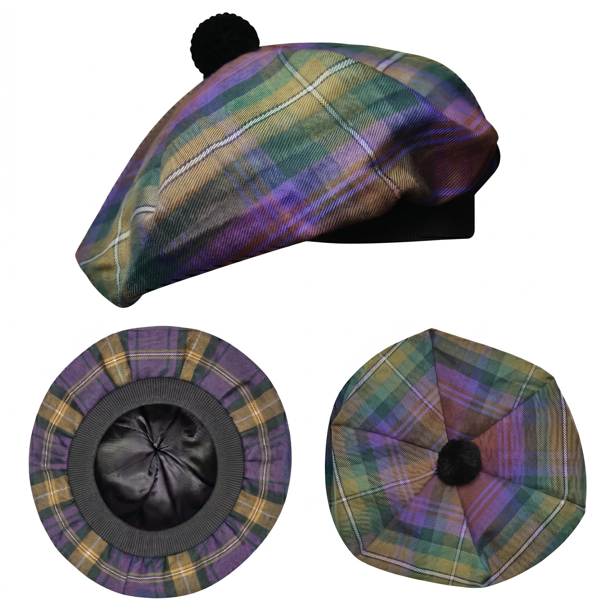 H HIGHLAND REDSTONE Scottish Hat Tam o Shanter Scottish Bonnet Tartan hat Acrylic Wool with Pompom (UK, Alpha, One Size, Isli of Skye)