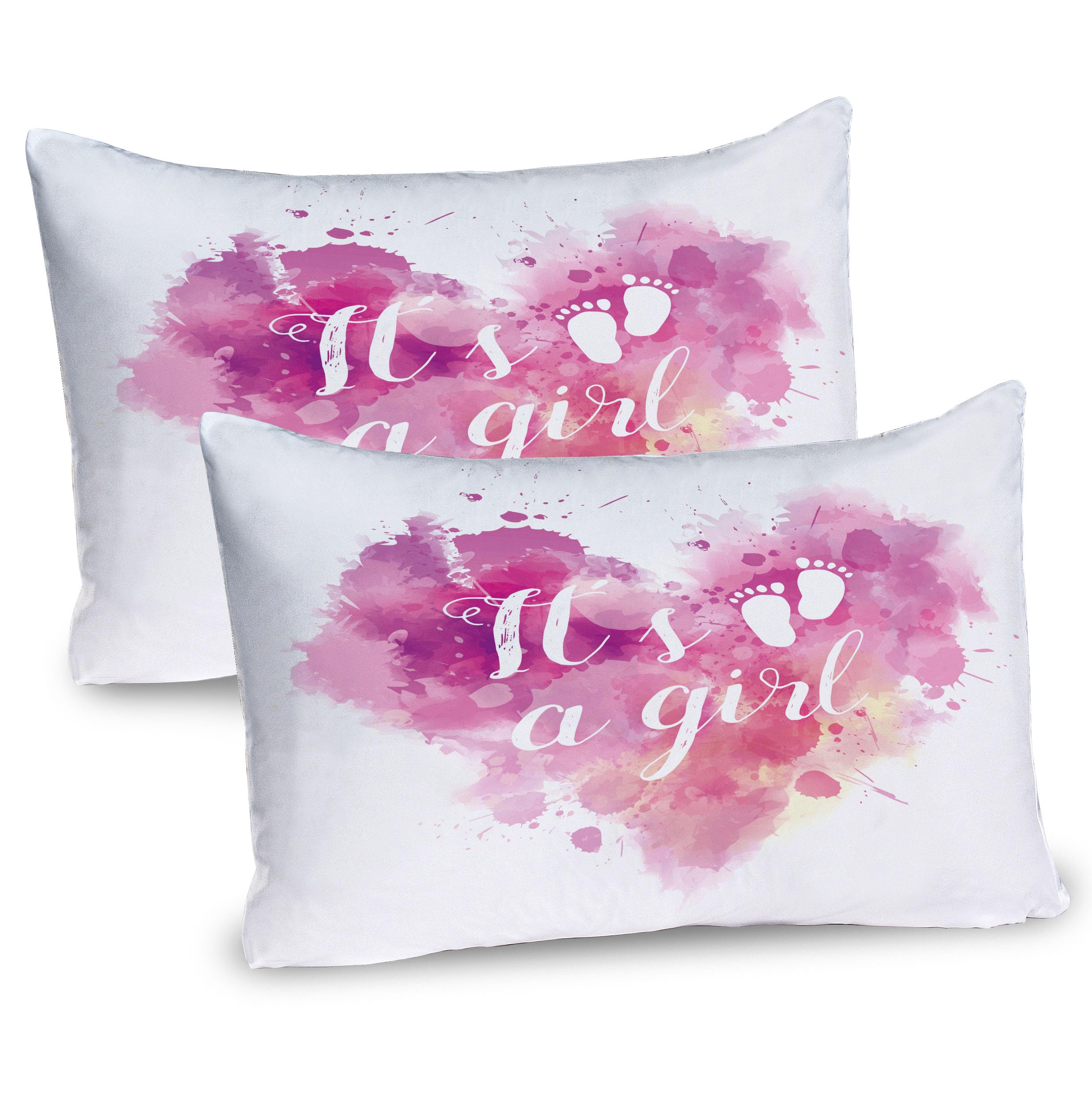 Ambesonne Pink Pillow Sham Set of 2, Heart Shaped Paintbrush Effect Grunge Hues Illustration Footprints Lettering, Quality Microfiber Bedding Item for All Seasons, 30
