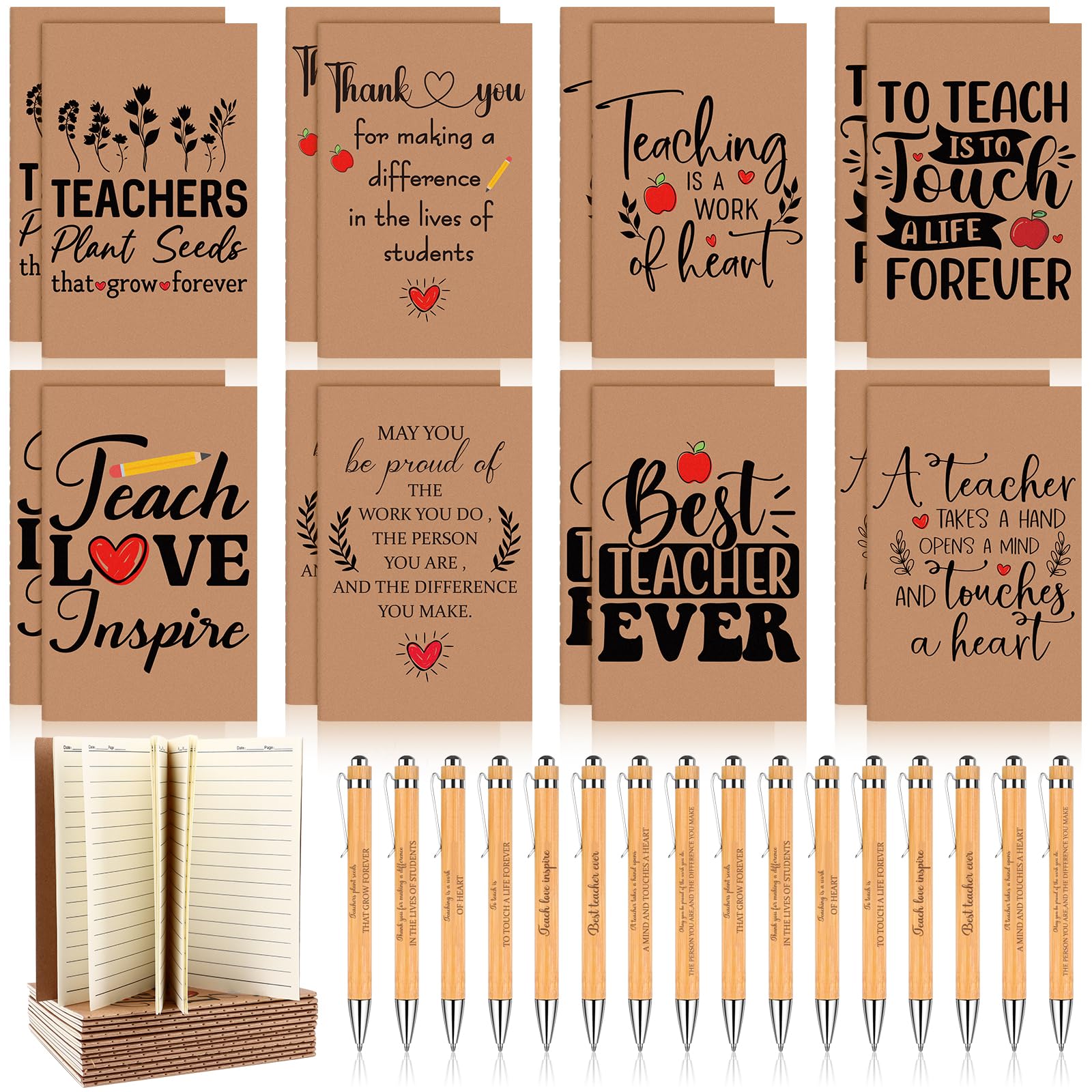 WWmily 32 Pcs Teacher Appreciation Notebooks Ballpoint Pens Thank You Wood Bamboo Pen with Inspirational Quote Motivational Journals Notepads for Office School Coworker Supplies (Style 1) - Image 2