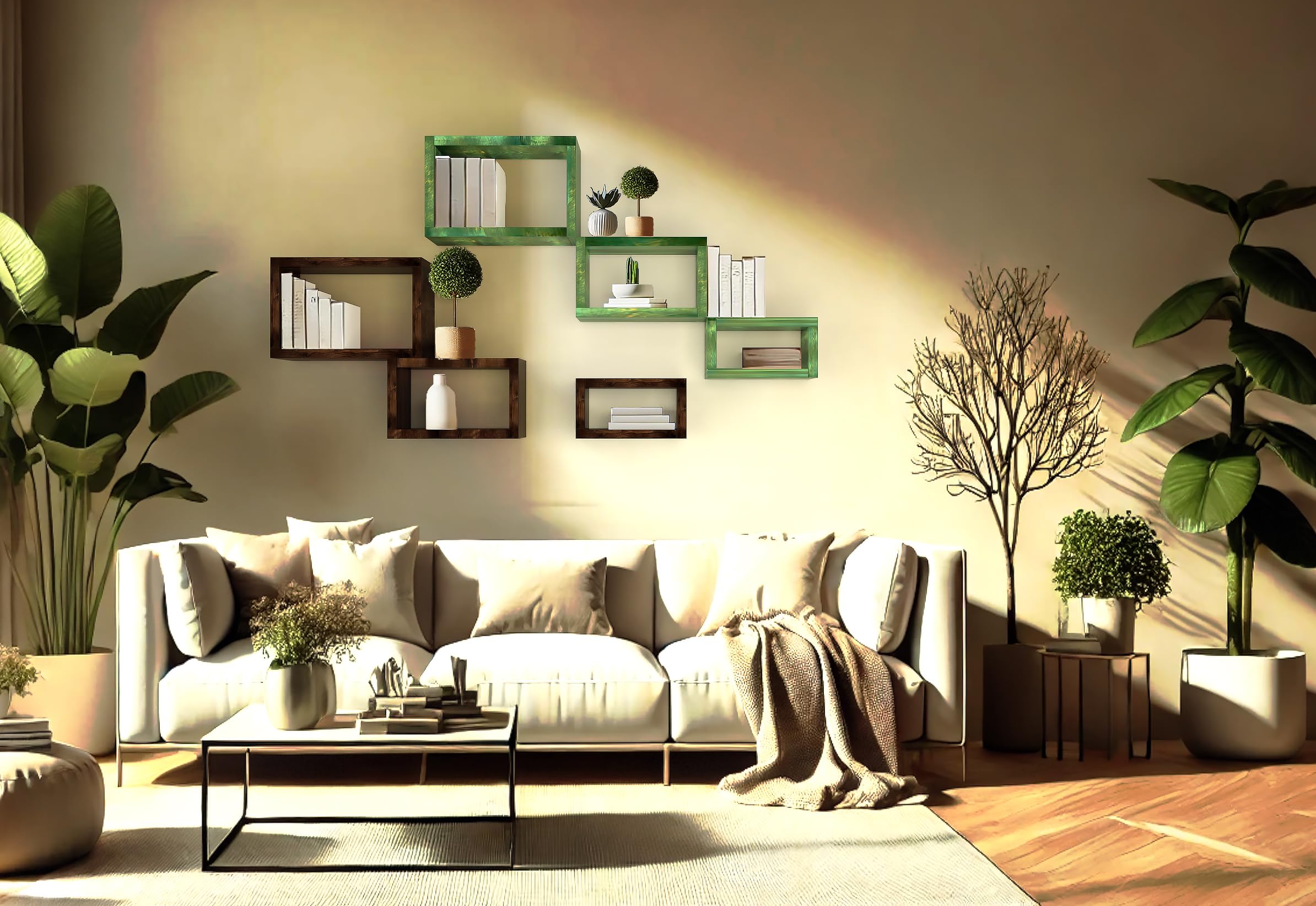 Kit di Mensole Sospese a Cubo in Legno Massello, Ripiani Artigianali, 7 Colori, 3 Dimensioni, Arredamento Bagno, Cucina, Camera da Letto, Ufficio, Made in Italy (Green)