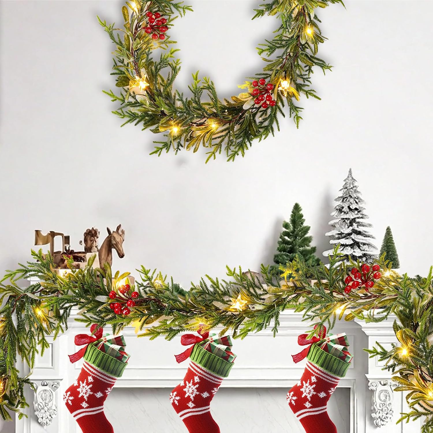 Pre-lit Christmas Garland with Lights, Battery Operated Garland with Star Berry Faux Spruce for Outdoor Indoor Mantle Holiday Decorations 6FT 20LED - Image 6