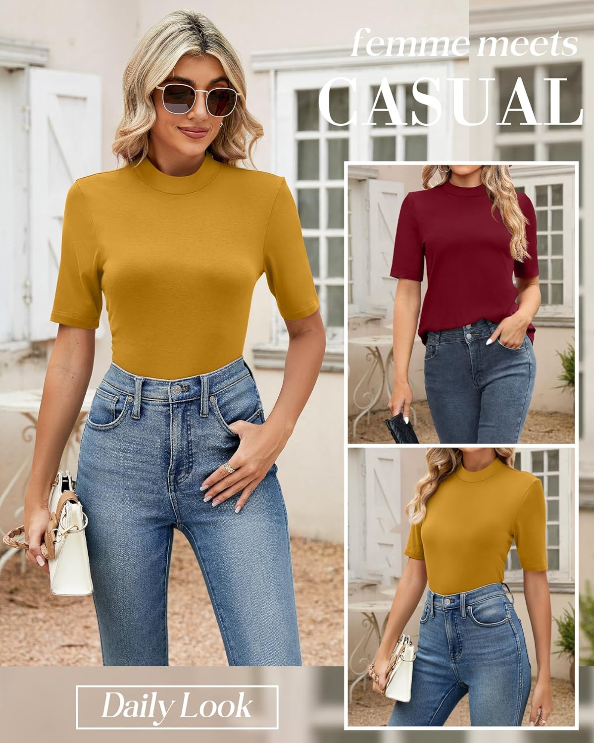 Ficerd 2 Pack Women's Mock Turtleneck T Shirts, Half Sleeve Business Casual Tunic Tops Slim Fit Summer Basic Dressy Tee Shirt - Image 6