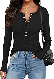 ANRABESS Ribbed Henley Long Sleeve Shirts for Women