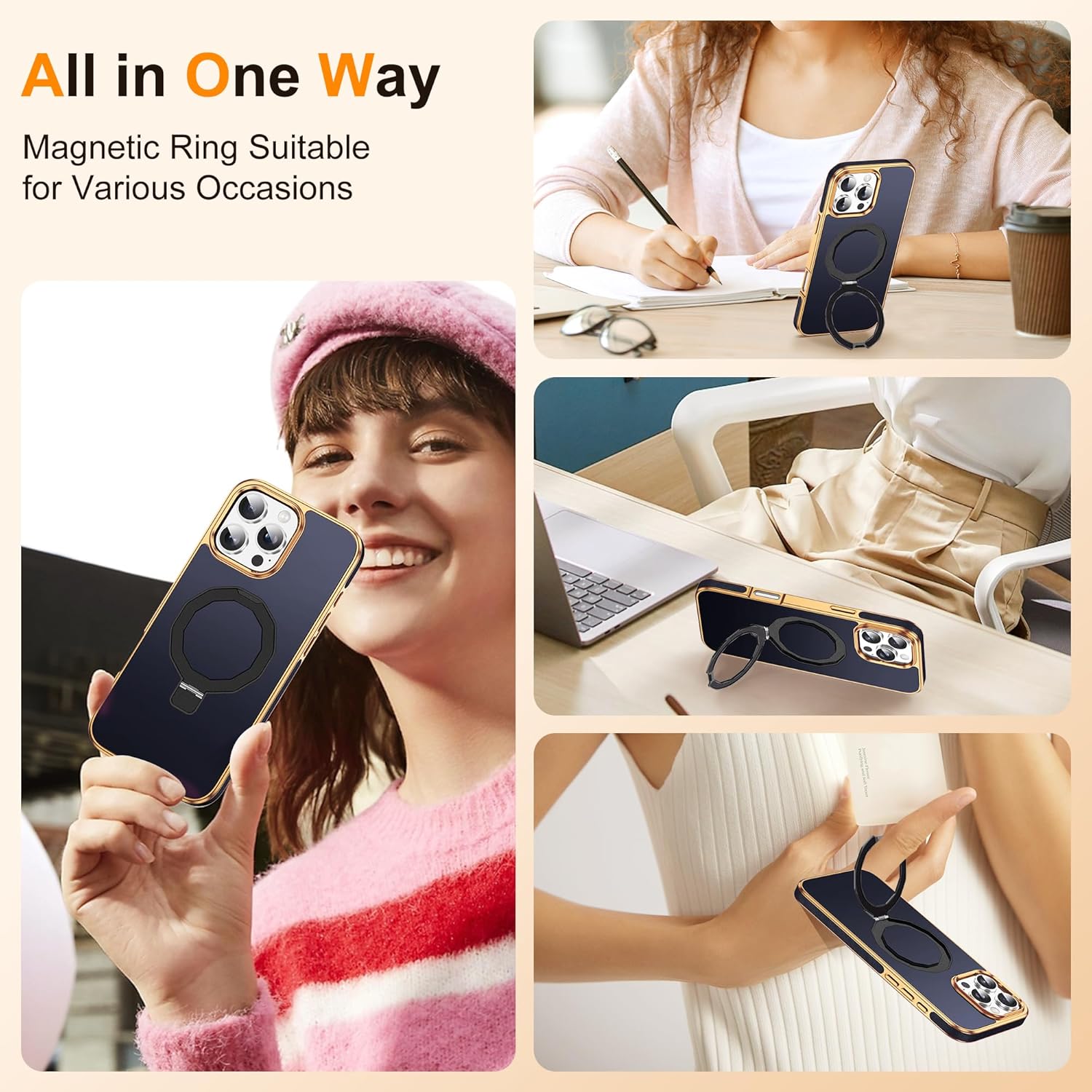Compatible with iPhone 16 Pro Max Case with Invisible Magnetic Stand, Compatible with Mag-Safe Luxury Phone Case for iPhone 16 Pro Max [Plating Gold Edge & Leather Inlay], Dark Blue