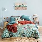 YuHeGuoJi Couverture de couettes grises 100% Couvercle de couette botanique bleu clair en coton égyptien 3 Pcs 1 Feuilles florales Imprimer Couverture de couettes avec des cravates zippées 2 Oreillers Soft Plant Bedding Respirant