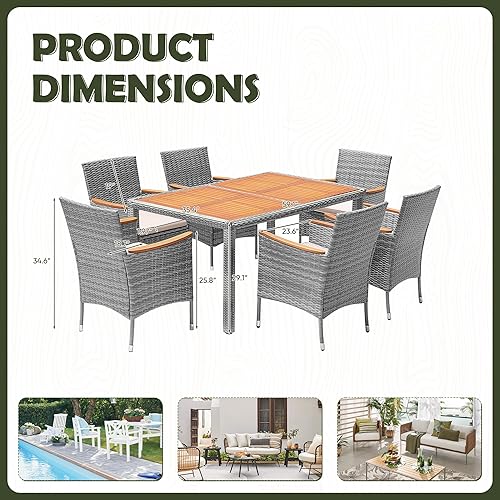 Miniatura 5 de Devoko Muebles de comedor de 7 piezas, juego de conversación de patio con mesa de madera de acacia, para exteriores, cojín beige y ratán gris
