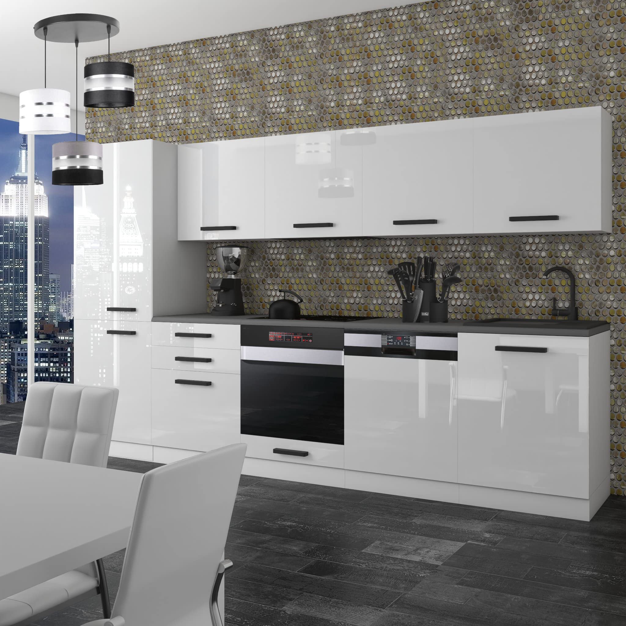 Belini, Rose - Cucina monoblocco, 300 cm, cucina componibile, senza elettrodomestici, con armadietti pensili e mobiletti, senza piani di lavoro, bianco lucido