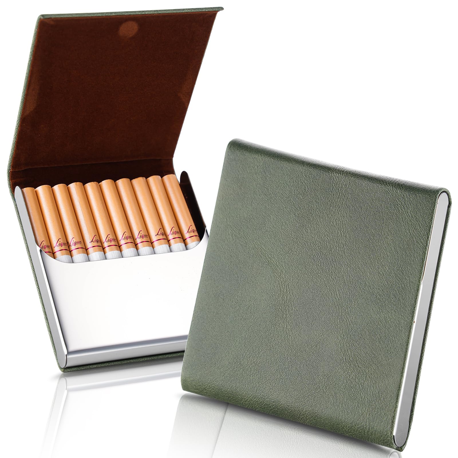 ZHOMA Portable Slim Leather Cigarette Case with Magnetic, Metal Cigarette Carrying Box for Hold 10 Regular Size Cigarettes, One-Hand Ultra-Thin Operate Cigarette Pocket for Men and Women -Green-image-7