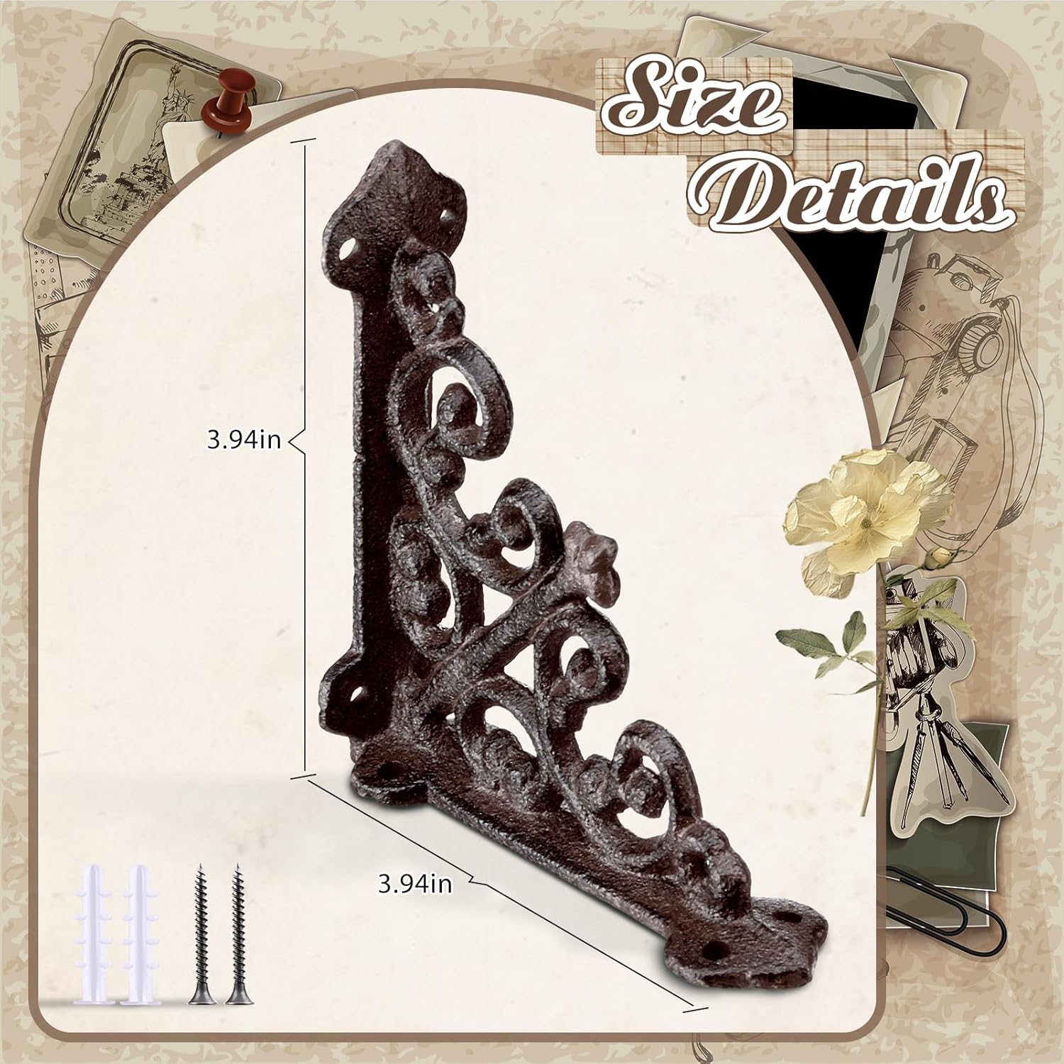 Blulu 4 Pack Antique Style Cast Iron Shelf Brackets Decorative Brackets 3 7/8" x 3 7/8" Wall Mount Shelving Bracket Heavy Duty Victorian Style Shelf(Iron Gray) Iron Gray 3 7/8" X 3 7/8"