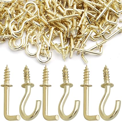 Screw Hooks Set,50pcs L Screw Hooks Shouldered Dresser Hooks and 50pcs Small Screw Hooks Screw-in Ceiling Hooks for Hanging,Gold