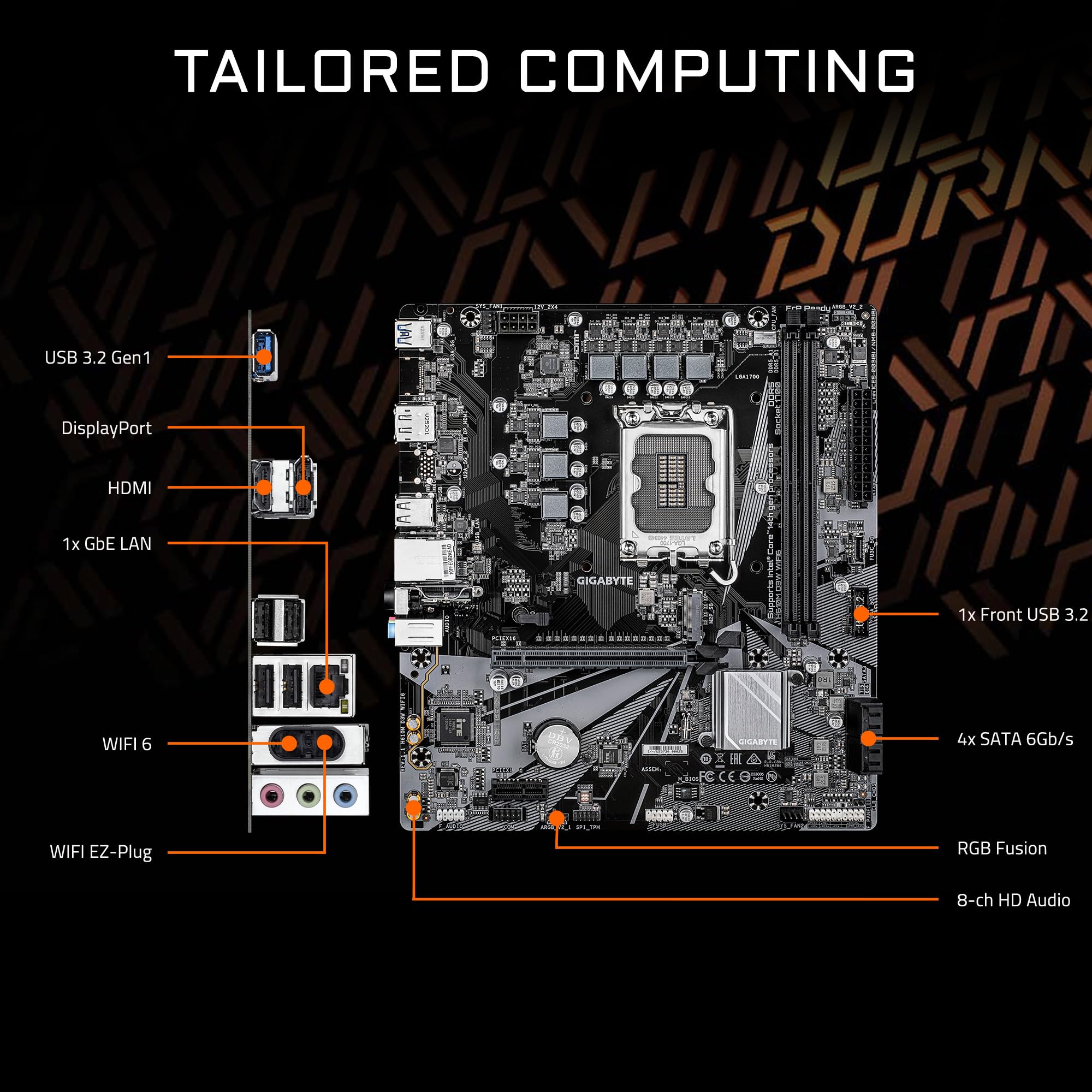 GIGABYTE Placa Base H610M D3W WIFI6 Intel LGA 1700 Micro ATX, soporta procesadores Intel de 14ª/13ª/12ª generación, Fase de alimentación 5+1+1, DDR5, 1x M.2, PCIe 4.0 x16, USB 3.2 Gen 1, WIFI6, GbE