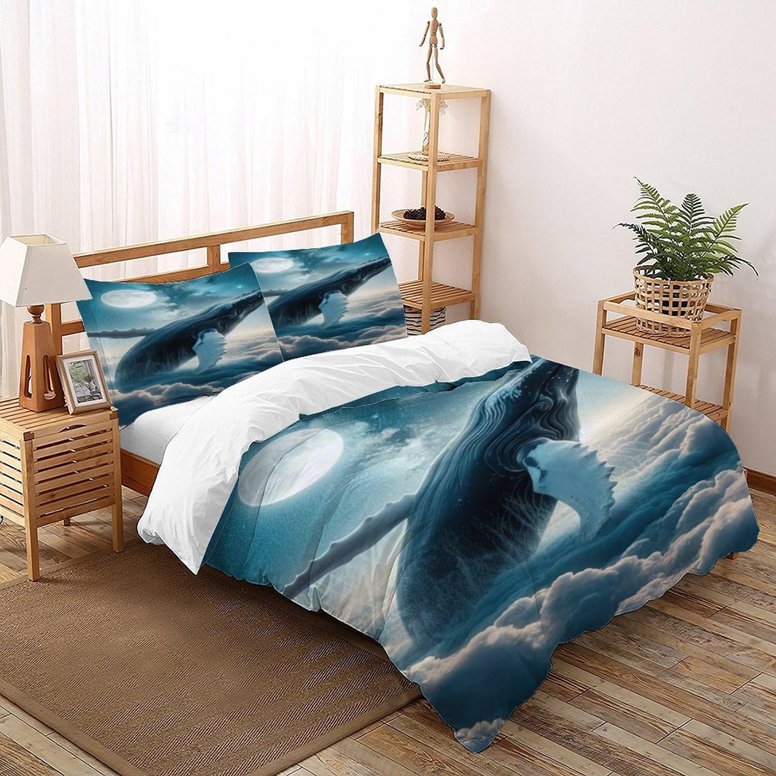 Whale Moon Bedding Set 3D Digital Printing Animal Theme Wildlife Marine Animal Duvet Cover 3 Pieces Set Chic Breathable Quilt Cover Universal for All Seasons with Pillow Double（200x200cm）