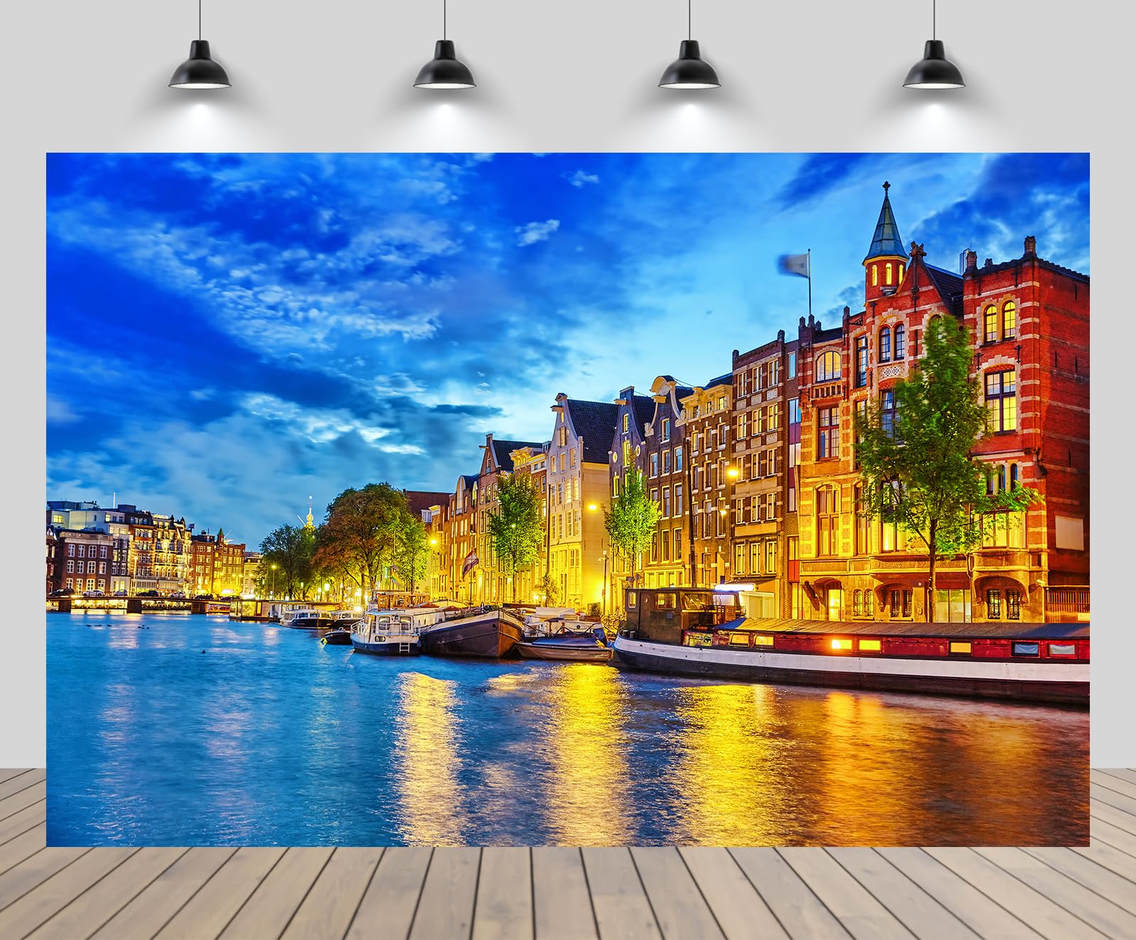 CHNYWORK 6.5ftx5ft Famous Amstel River Backdrop Night View of Beautiful Amsterdam City Background Travel Themed Party Decorations Photo Shoot Studio
