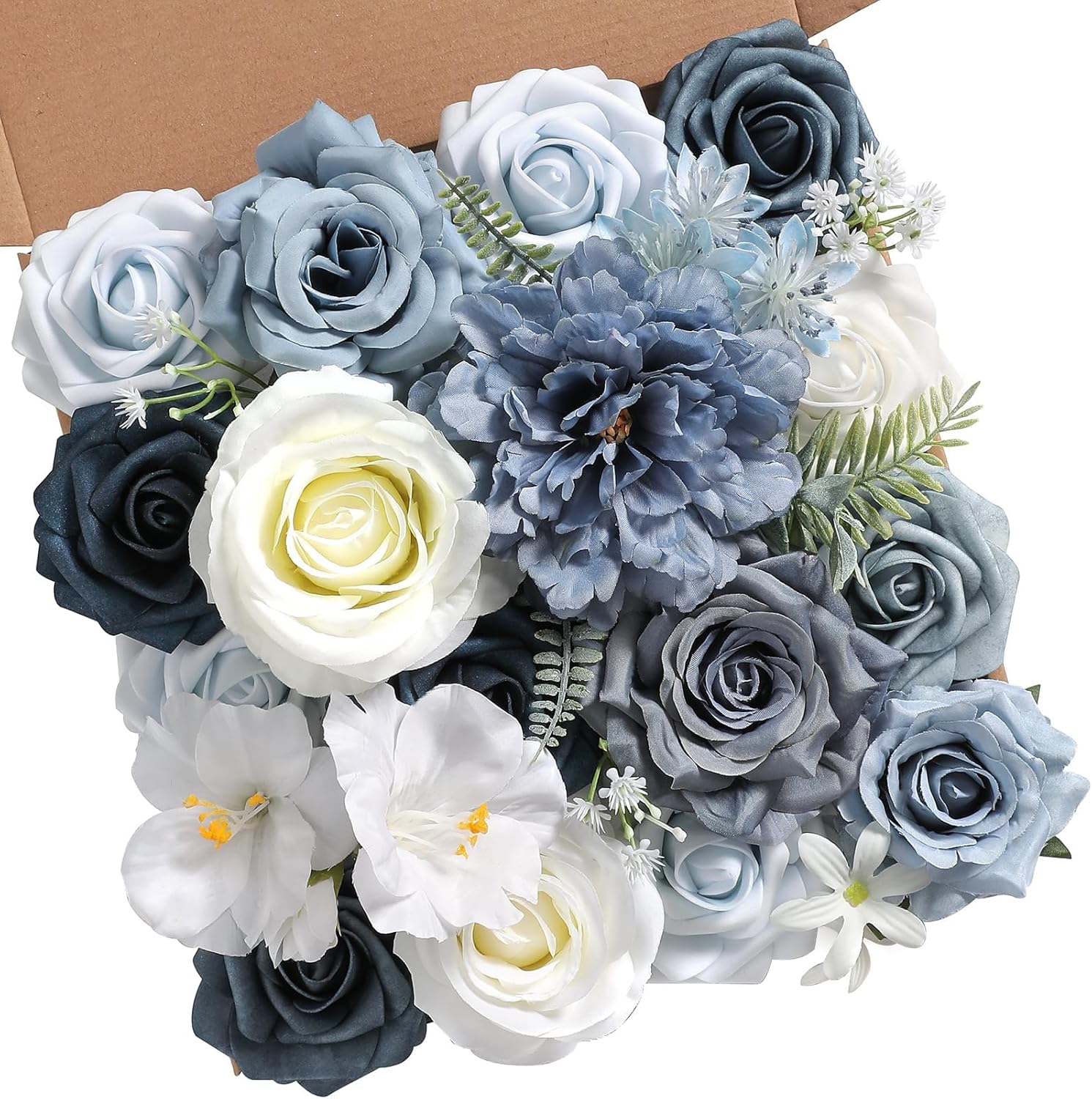 Artificial Flowers Combo Box Set,Dusty Blue Fake Roses Silk Flowers with Stems for DIY Wedding Bridal Bouquets,Floral Arrangement,Table Centerpieces,Baby Shower,Home Decorations