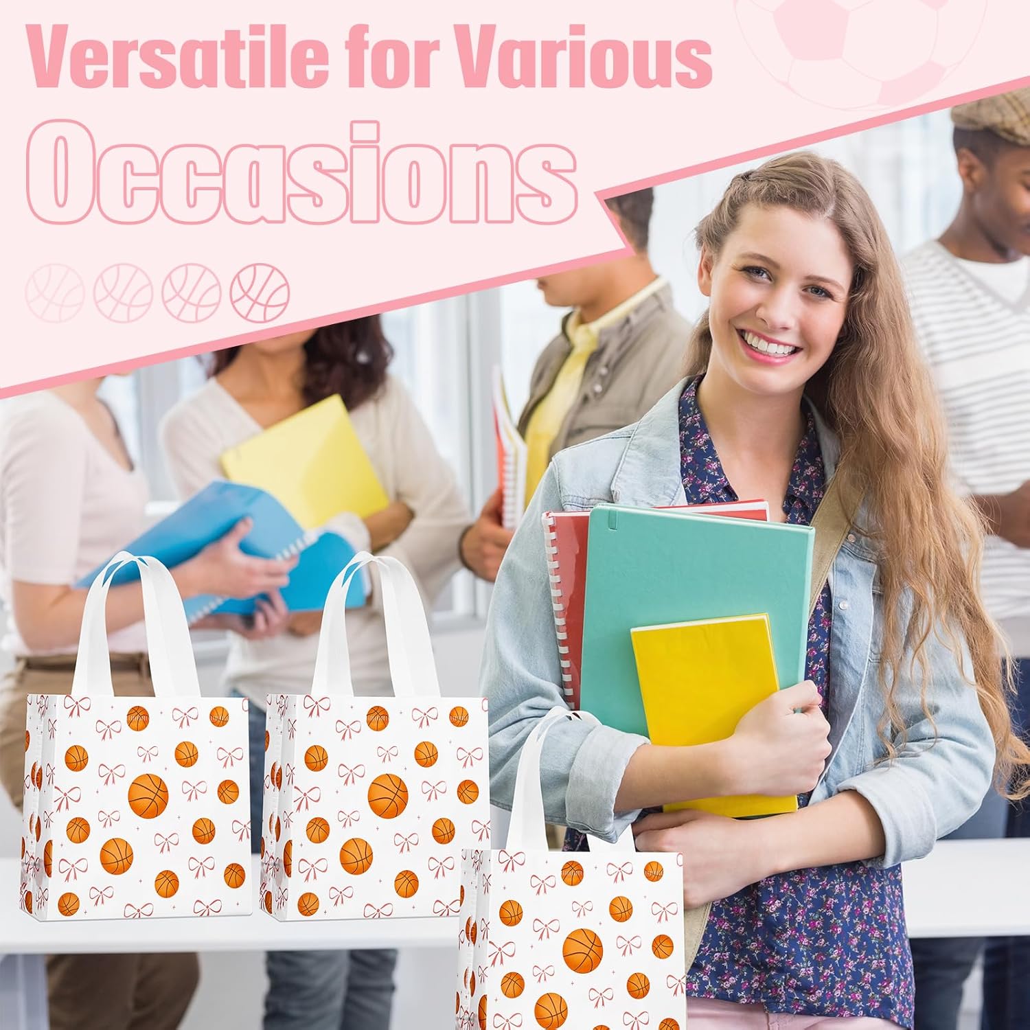 Sweetude 24 Pcs Basketball Gift Bags Bulk with Handle Pink Bow Tote Non Woven Sport Party Favor Gift Bag 7.9 x 7.9 Inch Party Favor Treat Candy Bag Supply for Birthday Team Snack (Basketball Classic) - Image 5