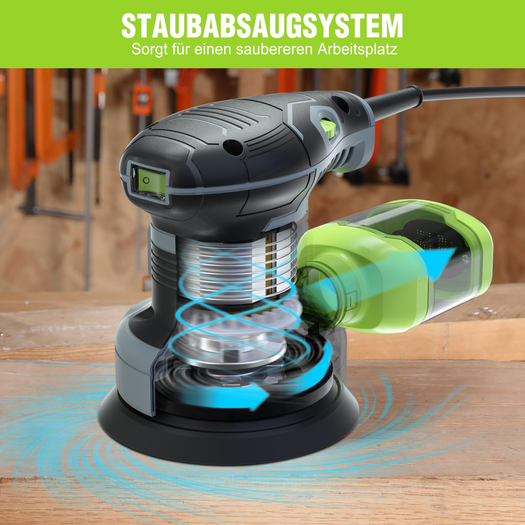 WORKPRO Exzenterschleifer 125mm, 300W Schleifmaschine 7000-13000 OPM, Multischleifer mit Absaugung und Staubbehälter, Schleifgerät inkl. 20 Stück Schleifpapier
