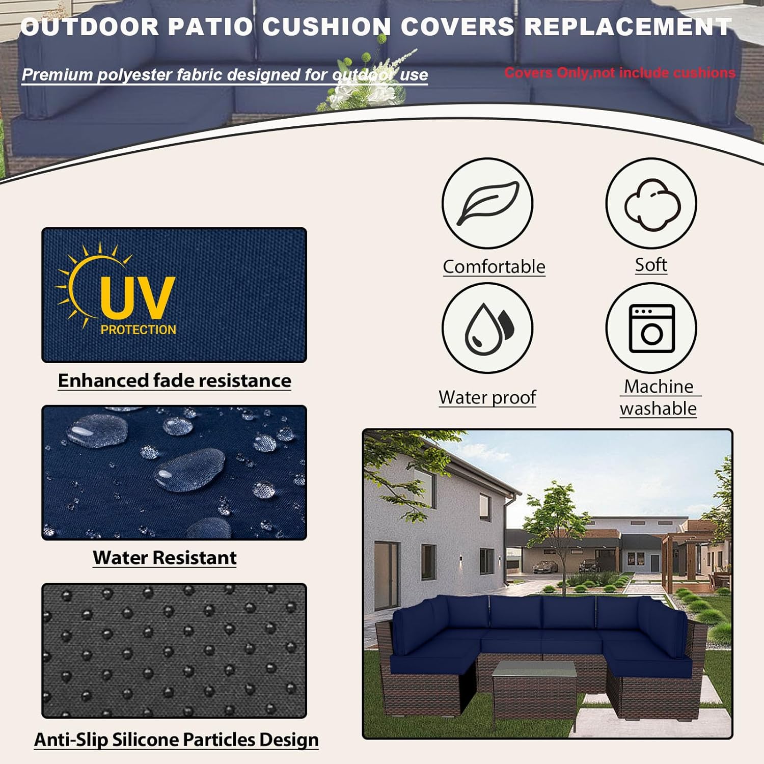 Outdoor Cushions Covers for Patio Furniture, Patio Cushion Covers Replacement with Zipper, Outdoor Cushion Covers Waterproof & Fade Resistant,14 Pieces (Navy Blue, 25.6x25.6x4inch)