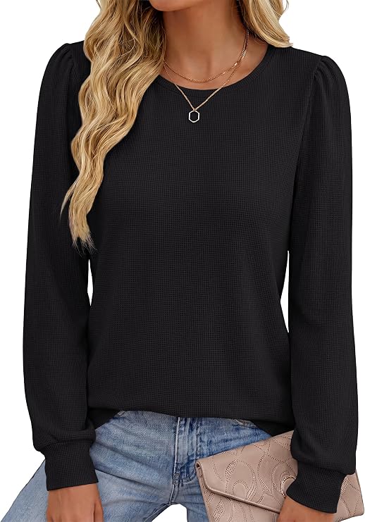 ANRABESS Women's Long Sleeve Waffle Knit Basic Shirts | Soft Comfy Loose Fit Tunic Tops, Crew Neck Curved Hem, Business Casual Dressy Blouses, Trendy Fall Winter Outfits