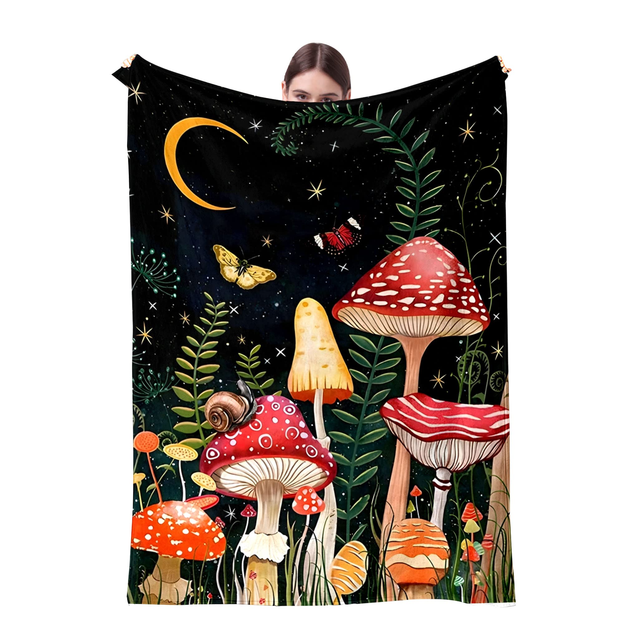 Mushrooms Blanket Soft Flannel Fleece Throw Blanket for Couch Sofa Bed Mushroom Decor(Mushrooms Moon, 60x50in)