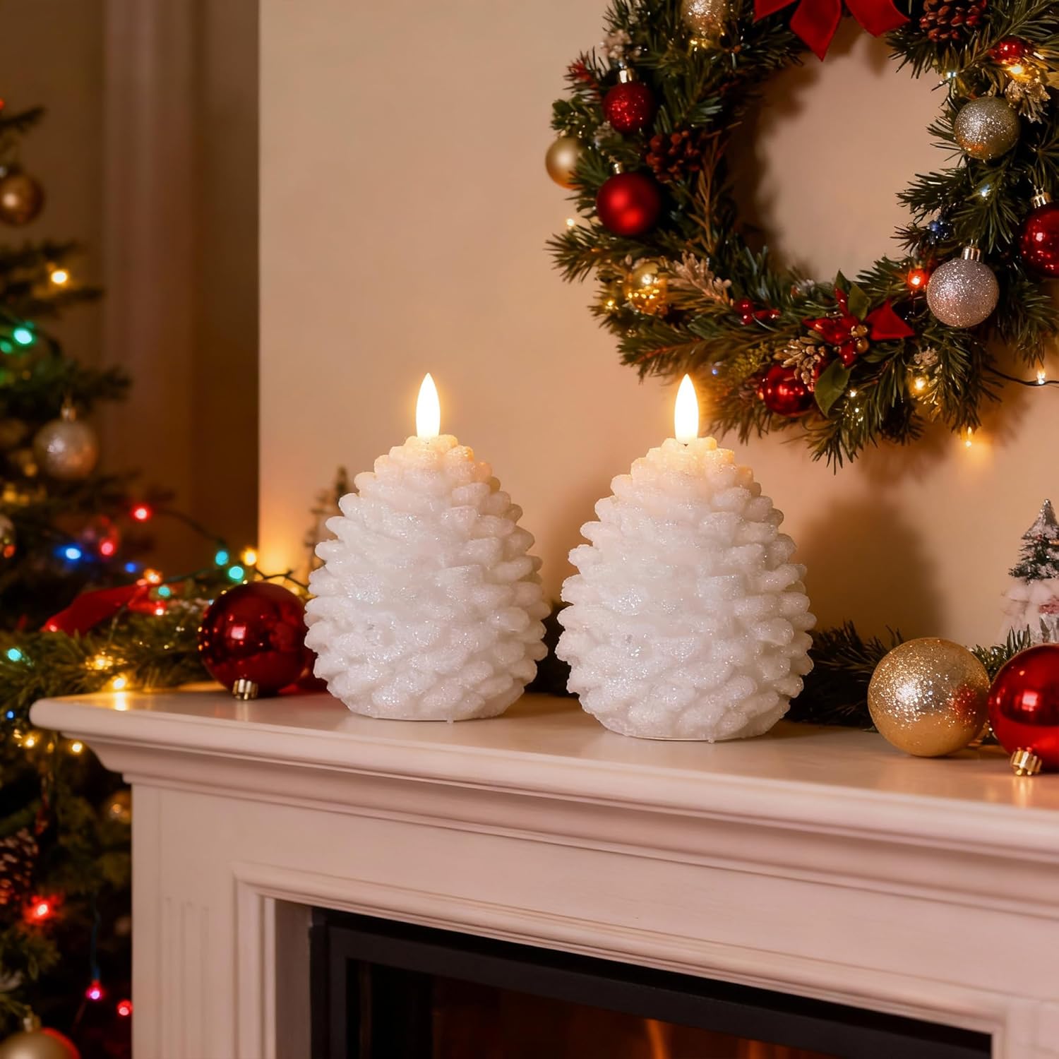 Christmas White Pinecone Candles Flameless with Remote, Real Wax Battery Operated Pine Cone Candle,Flickering LED Candles for Xmas Decoraction Party Holiday Gift, 2 Pack