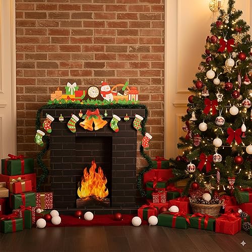 Miniatura 2 de Chimenea de cartón corrugado de Navidad de 35.5 x 29 x 8 pulgadas, chimenea de cartón con media llama de fuego 3D, campana de pino para decoración