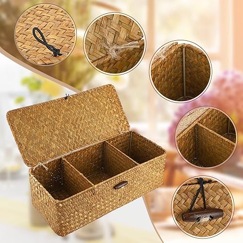 Miniatura 8 de Hipiwe Seagrass Storage Basket Bin with Lid Rectangular Woven Shelf Baskets with 3-Section Toilet Paper Basket Holder for Closets Pantry Bathroom