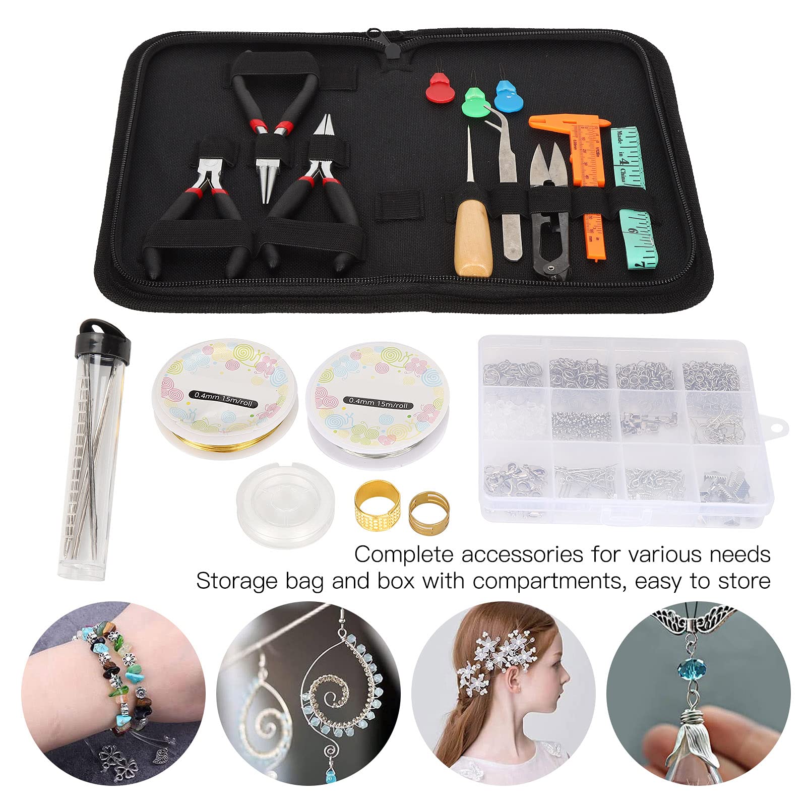 Multizenic Schmuckherstellungszubehör-Kits, Zubehör für DIY-Schmuckherstellungskits, handgefertigte Perlenwerkzeuge mit Zange, Schere und Aufbewahrungsbox, komplettes Set für die Reparatur