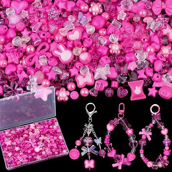 200-260PCS Assorted Acrylic Beads Charms for Bracelets,Rose Pink Cute Beads