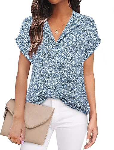 Timeson - Blusas de chifón de manga corta para mujer, camisas con cuello para oficina, trabajo, negocios