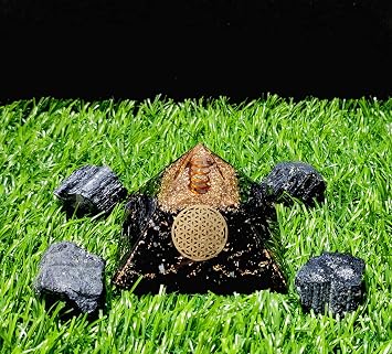 Combo of Black Tourmaline Orgone Crystal Pyramid with Flower of Life Symbol & 4 Pieces of Black Tourmaline Natural Raw Rough Stone for Positive Energy Generator, Reiki Chakra Healing Yoga