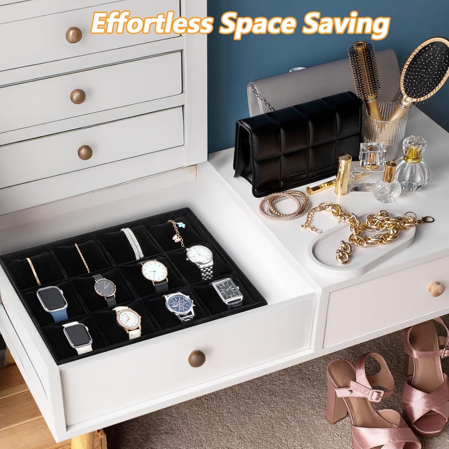 2 Pack 12 Grid Velvet Watch Tray Organizer with Removable Pillows - Stackable Bracelet & Bangle Display Holder for Drawer, Store, or Travel - Black