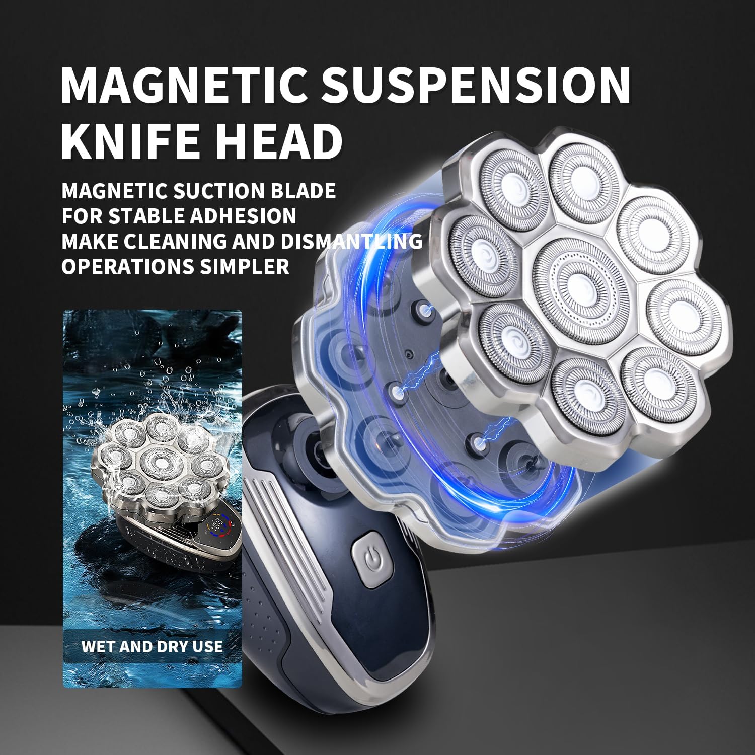 5-in-1 Electric Shaver for Men, Waterproof 9-Blade Razor Kit for Shaving Head & Face, LCD Display, Magnetic Head, Nose/Beard Trimmer, Cleaning & Massage Brush, Travel, 60min Runtime