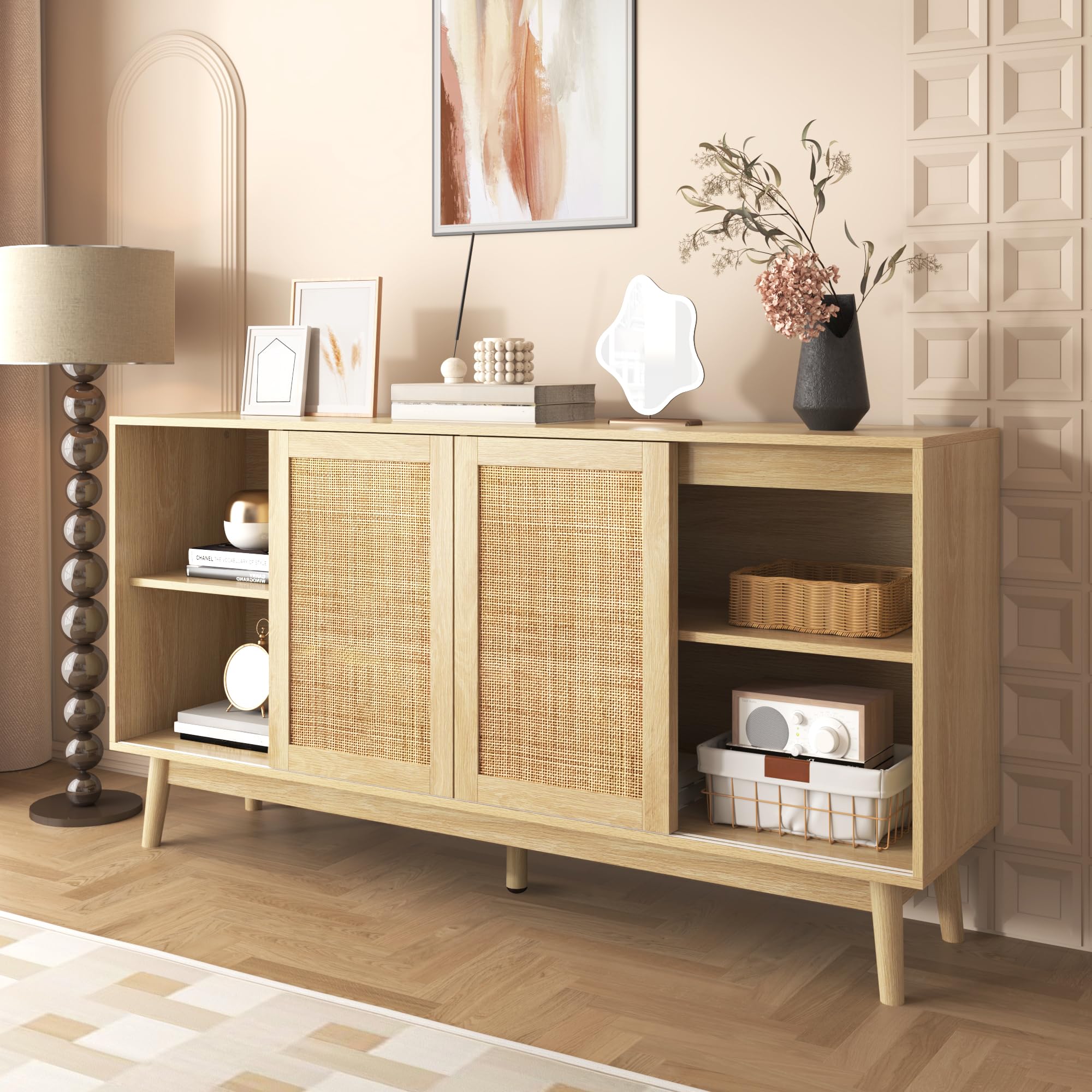 SUKY Aparador con 3 puertas correderas de ratán auténtico y 2 cajones, transpirable, estable y versátil, 155 x 38 x 80 cm