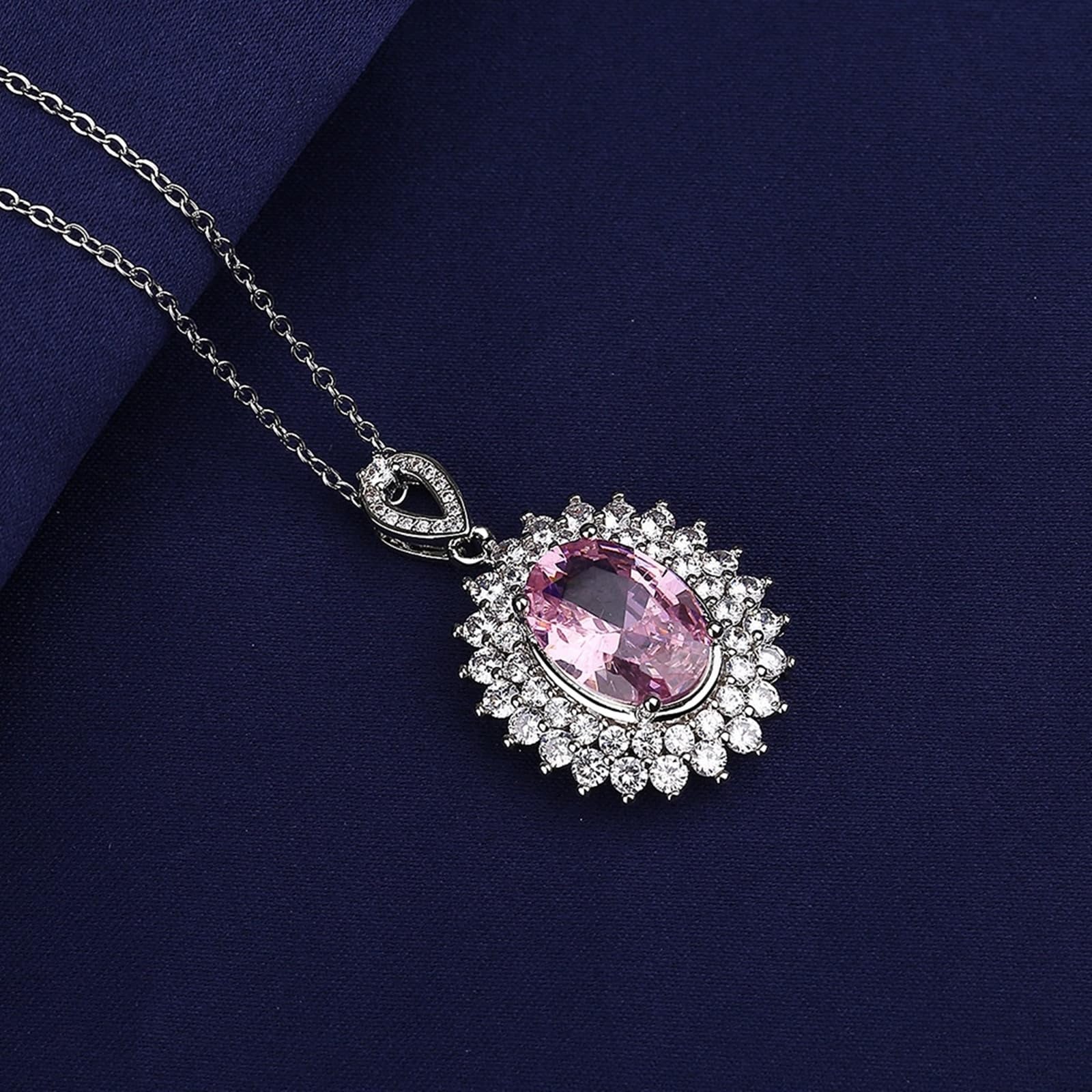 Collar de cadena de oro blanco de 18 quilates para mujer, gargantilla delicada con flor de lujo con topacio rosa ovalado y diamante de laboratorio para mujer, oro blanco