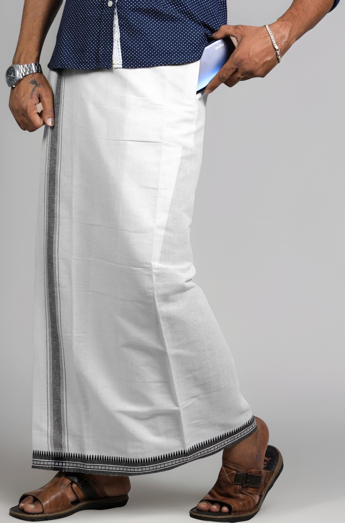 Mens Cotton Kerala Thalapathi Border Welcro Adjustable Readymade Pocket Dhoti