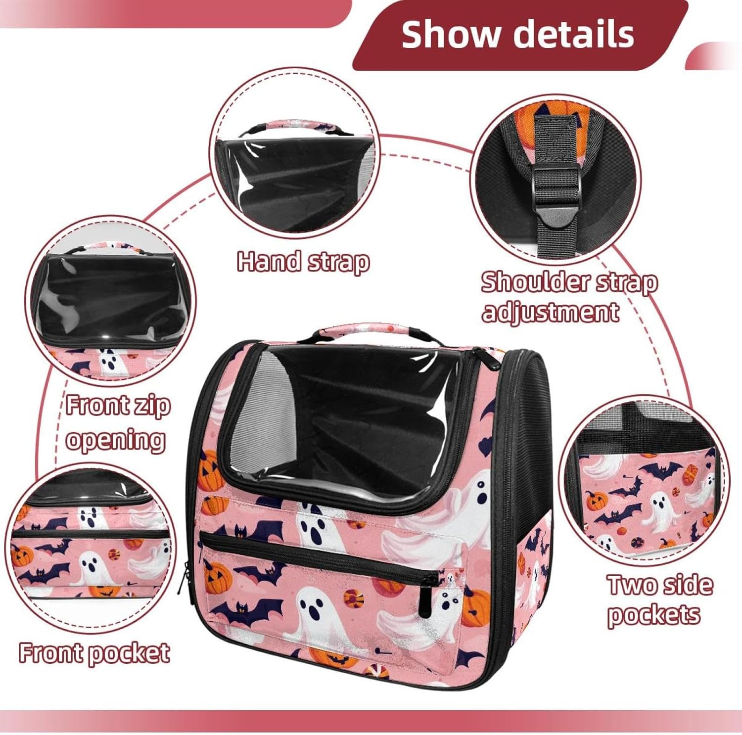 Portable Travel pet Backpack Carrier Hamster Bag Small Dog cat Carrier Breathable Hang Bag, Halloween Bats Candies Pumpkins