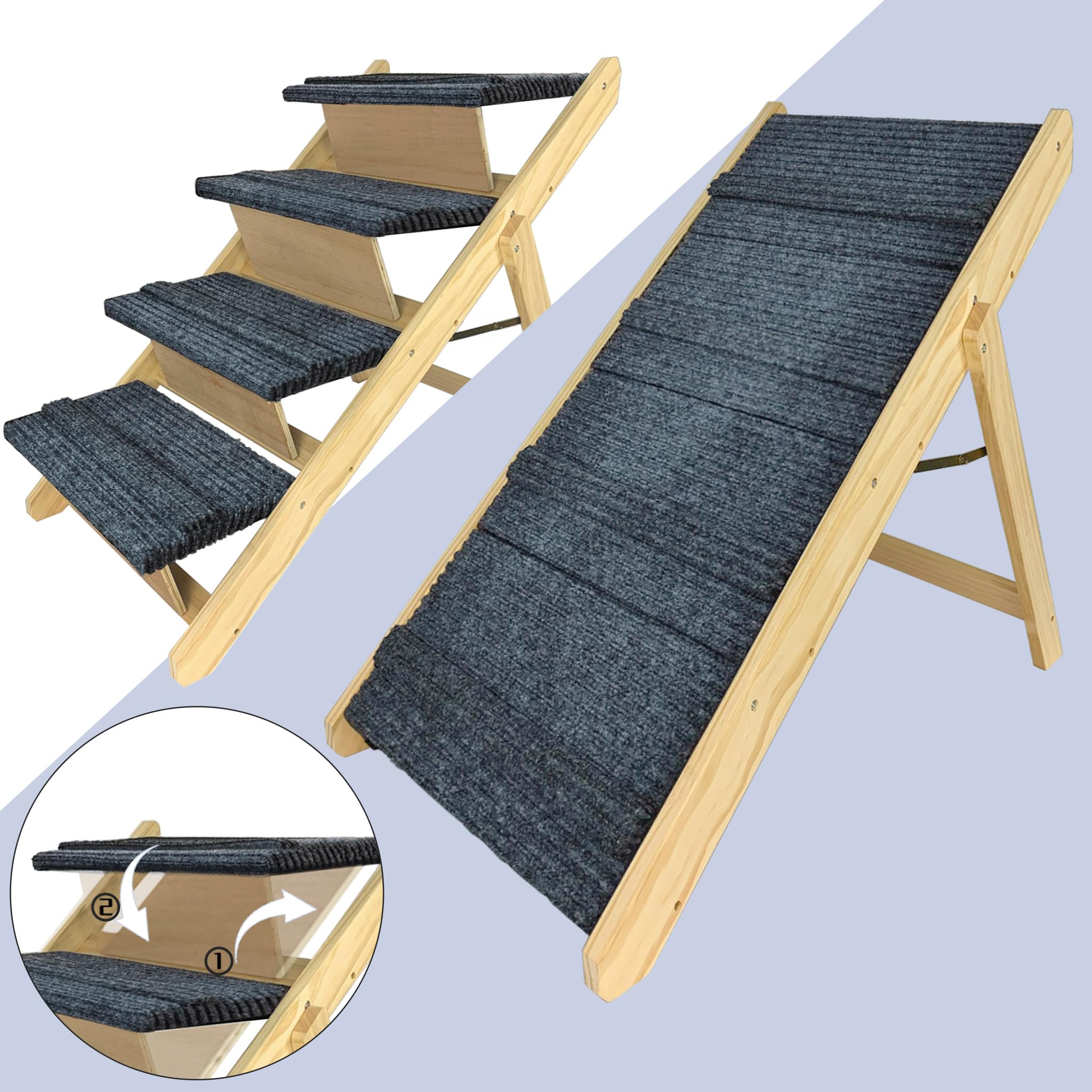 FIVMEN Scaletta per cani 2 in 1 Rampa per cani in legno pieghevole Regolabile in altezza con tappetino antiscivolo Scaletta per animali domestici per letto e divano, 100x47x63cm