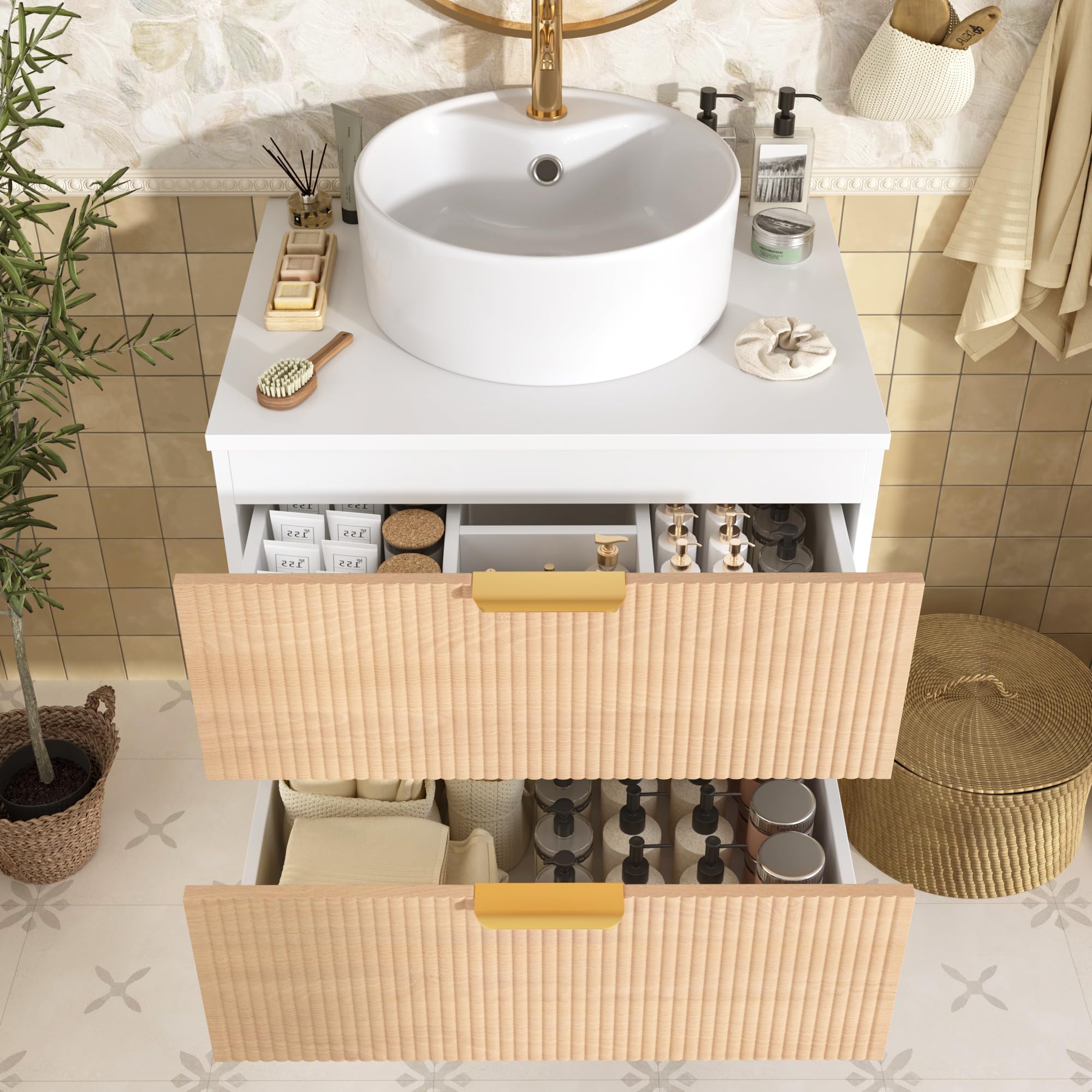 Mueble de baño redondo de cerámica de 60 cm montado en la pared con cajones de madera con diseño de rayas, tablero MDF, capacidad de almacenamiento: 2 cajones + encimera, madera natural