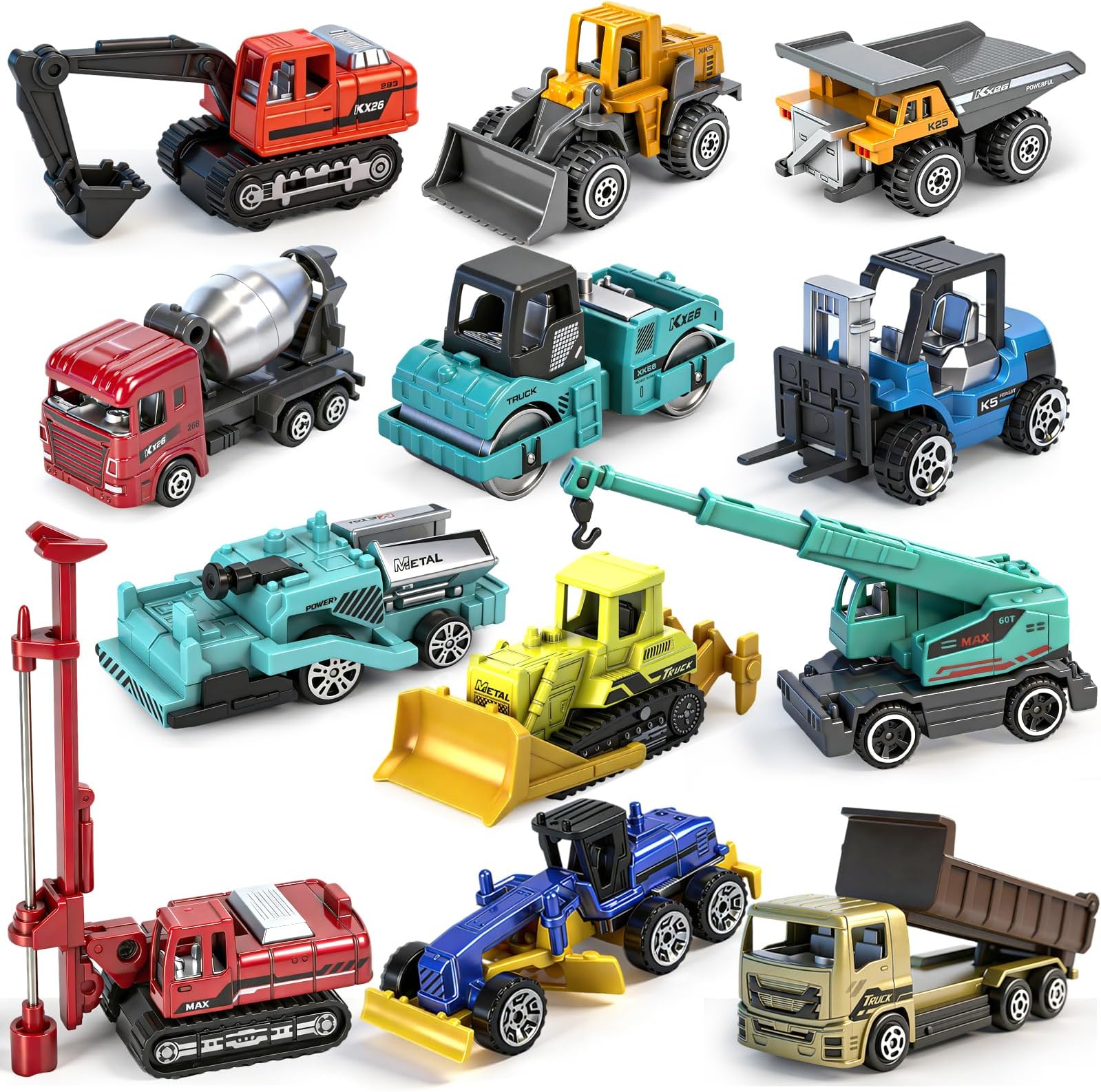 12 Pack Diecast Construction Toys, Mini Colorful Alloy Model Excavator Toy Construction Truck Toys for 3 4 5 6 7 8 Year Old Kids Toddlers, Toy Cars for Kids Birthday Cake Decorations Party Favors